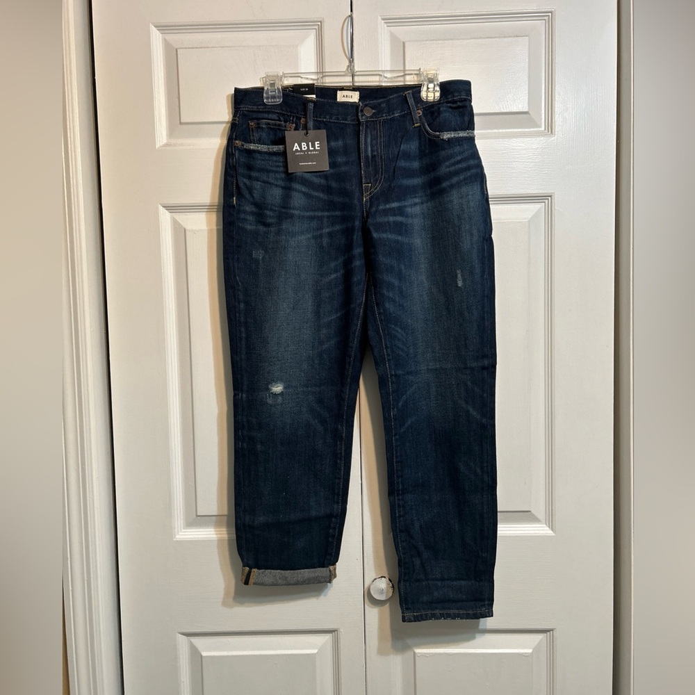 NWT ABLE The Slouch Cropped Jeans Mid Rise Blue Denim Women's Size 28